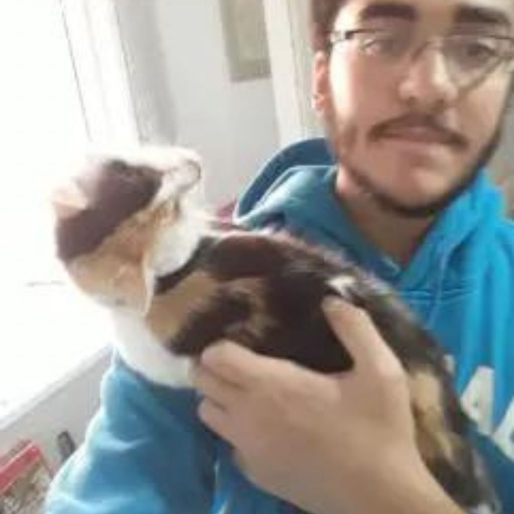 a man holds a kitten in his arms