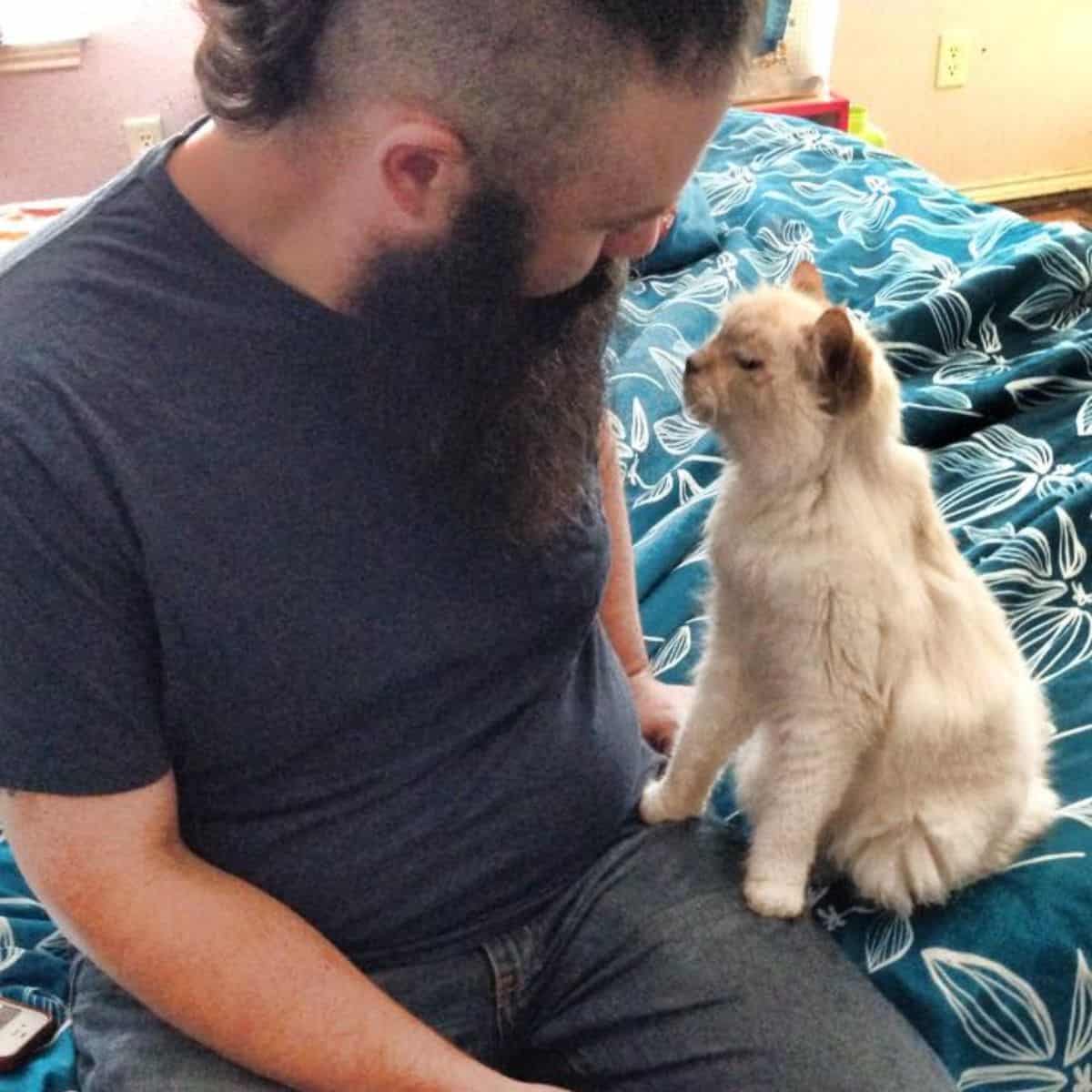 a man sits on a bed with a cat