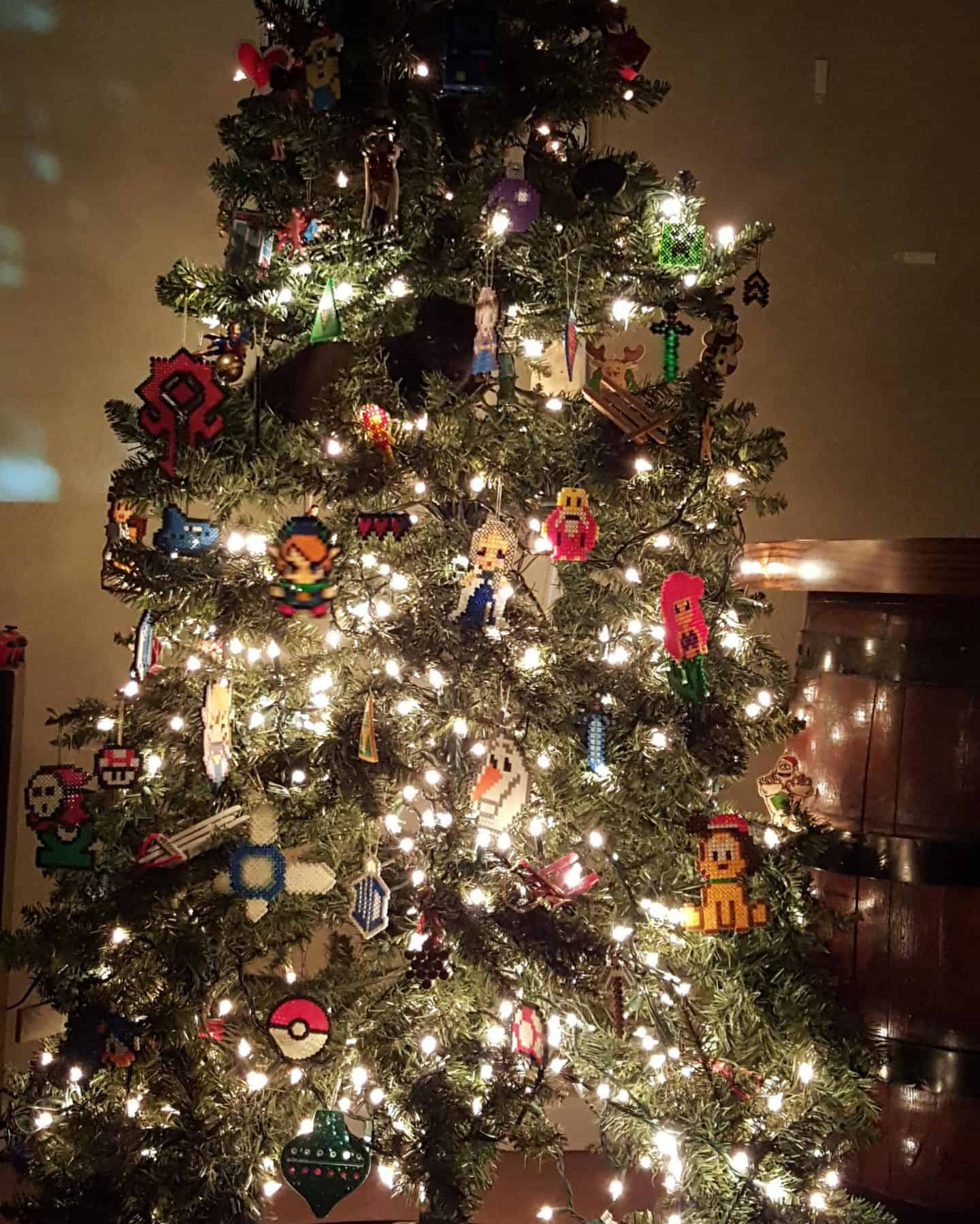 black cat in a christmas tree