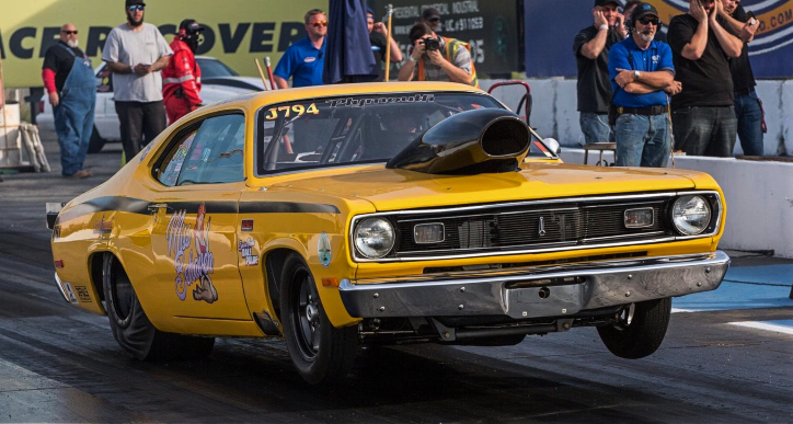 yellow 1972 plymouth duster drag car