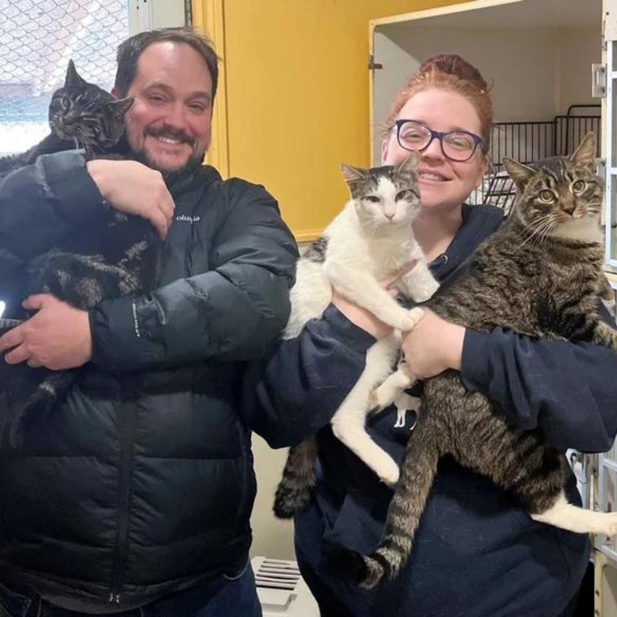 smiling couple holding cats