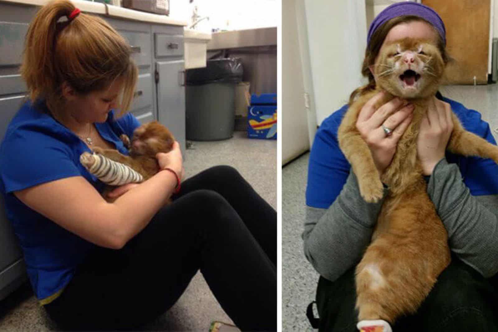 woman holding the ginger cat