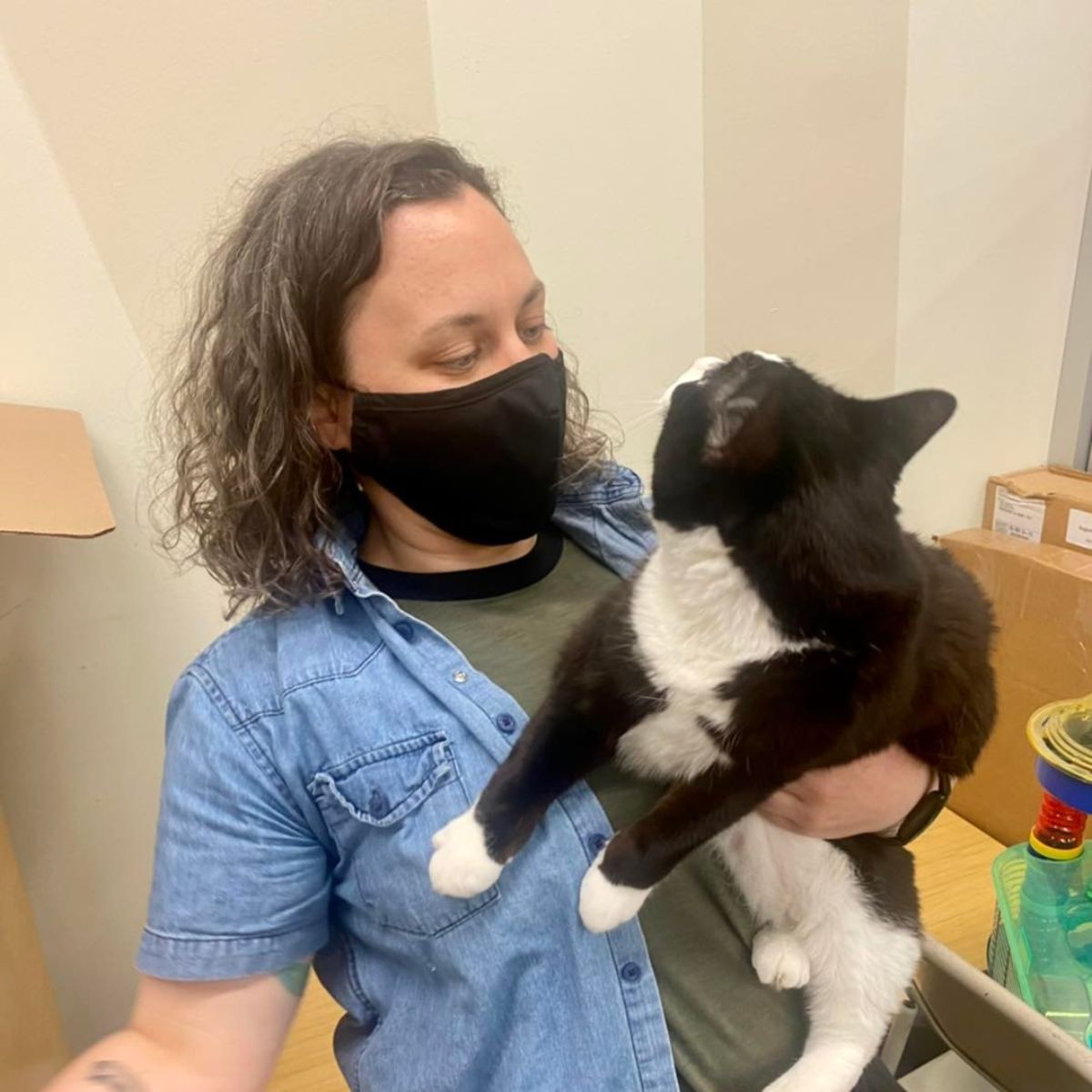 woman with face mask holding cat