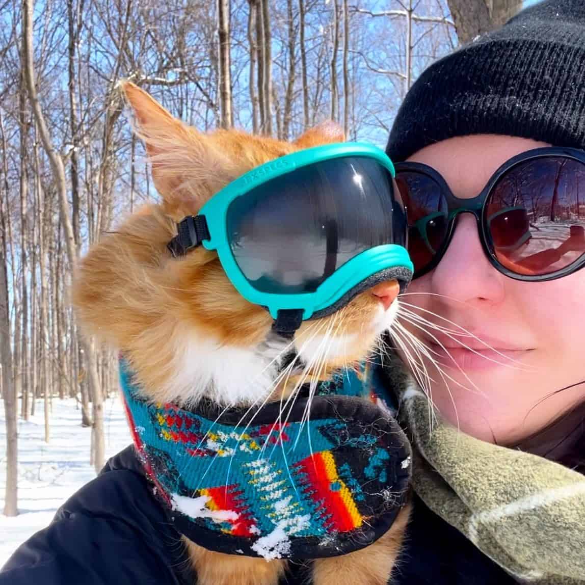 woman with funny cat on skiing