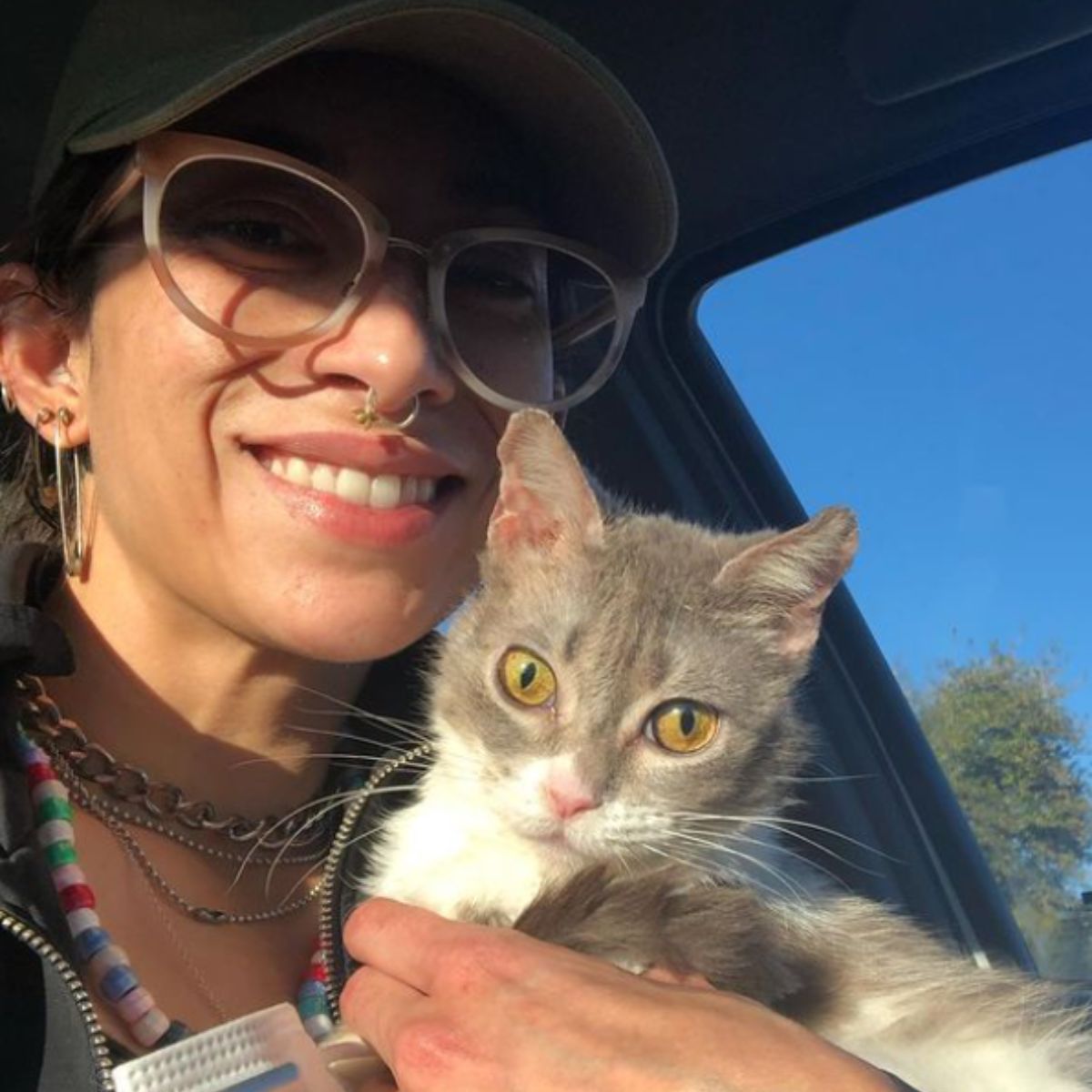 cat and woman in the car