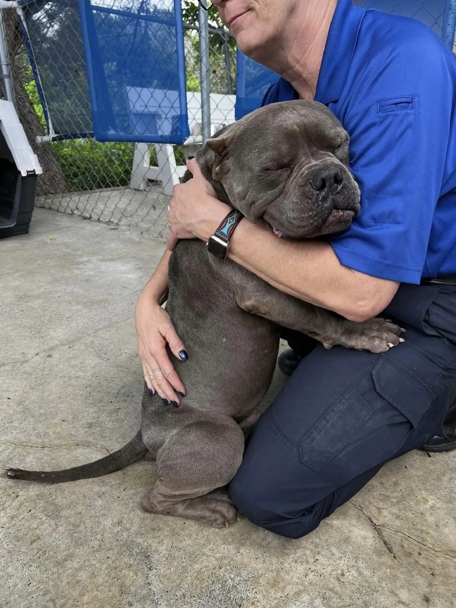 dog and woman hugging each other